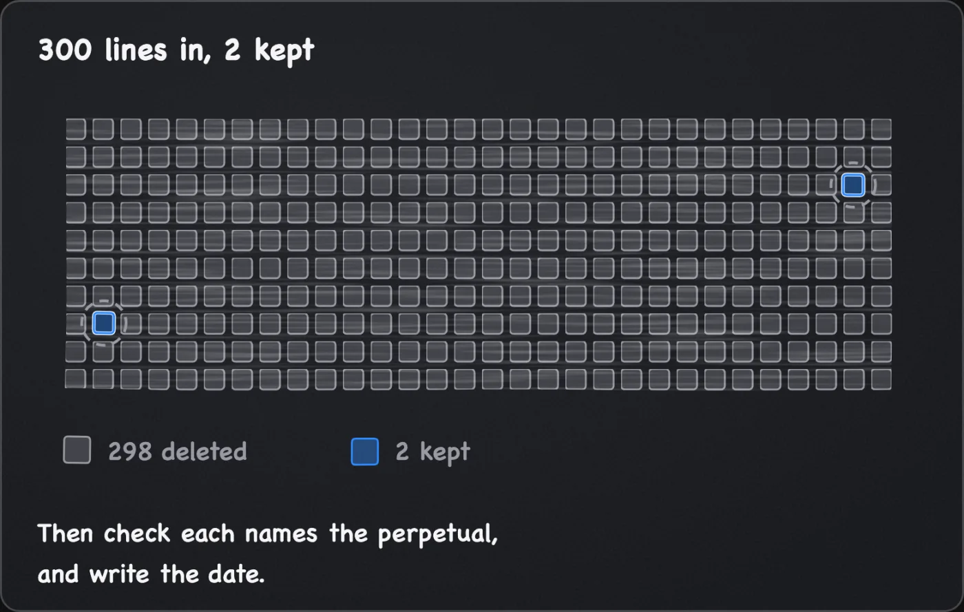 A grid of 300 small squares, one per exported line, with 298 grey ones deleted and 2 highlighted ones kept, then a note to check each kept line names the perpetual and to write the date.